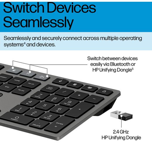HP 720 Wireless Keyboard and Mouse Combo Wireless Keyboard - Black - Annotation - Multiple devices
