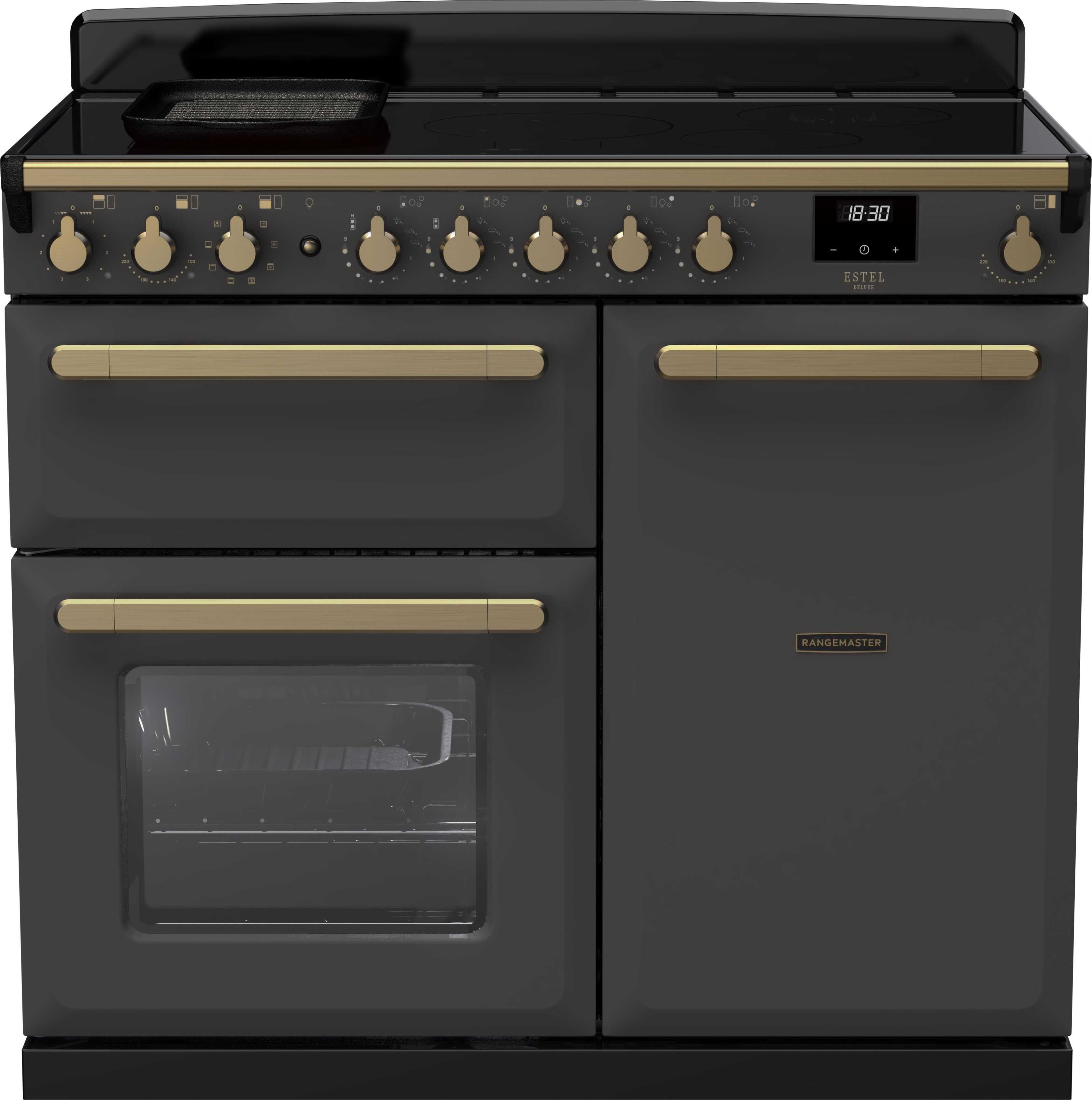 Image of Rangemaster Estel Deluxe ESDL100EIPSLT/AB1 100cm wide Electric Range Cooker with Induction Hob - Slate / Antique Brass - A/A Rated, Grey