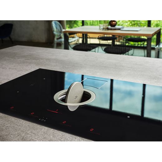Elica NT-SWITCH BG RC 83cm Venting Induction Hob - Black - For Recirculating Ventilation - Hob in modern kitchen diner with vent open