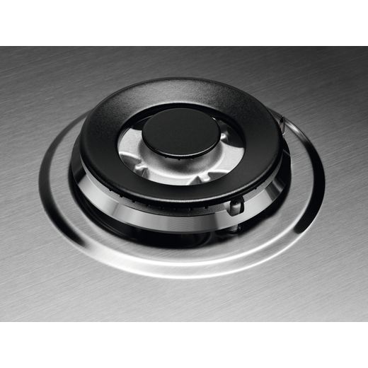 AEG 3000 Slim Line HGX75400SM 74cm Gas Hob - Stainless Steel - Close up double ruing burner shot