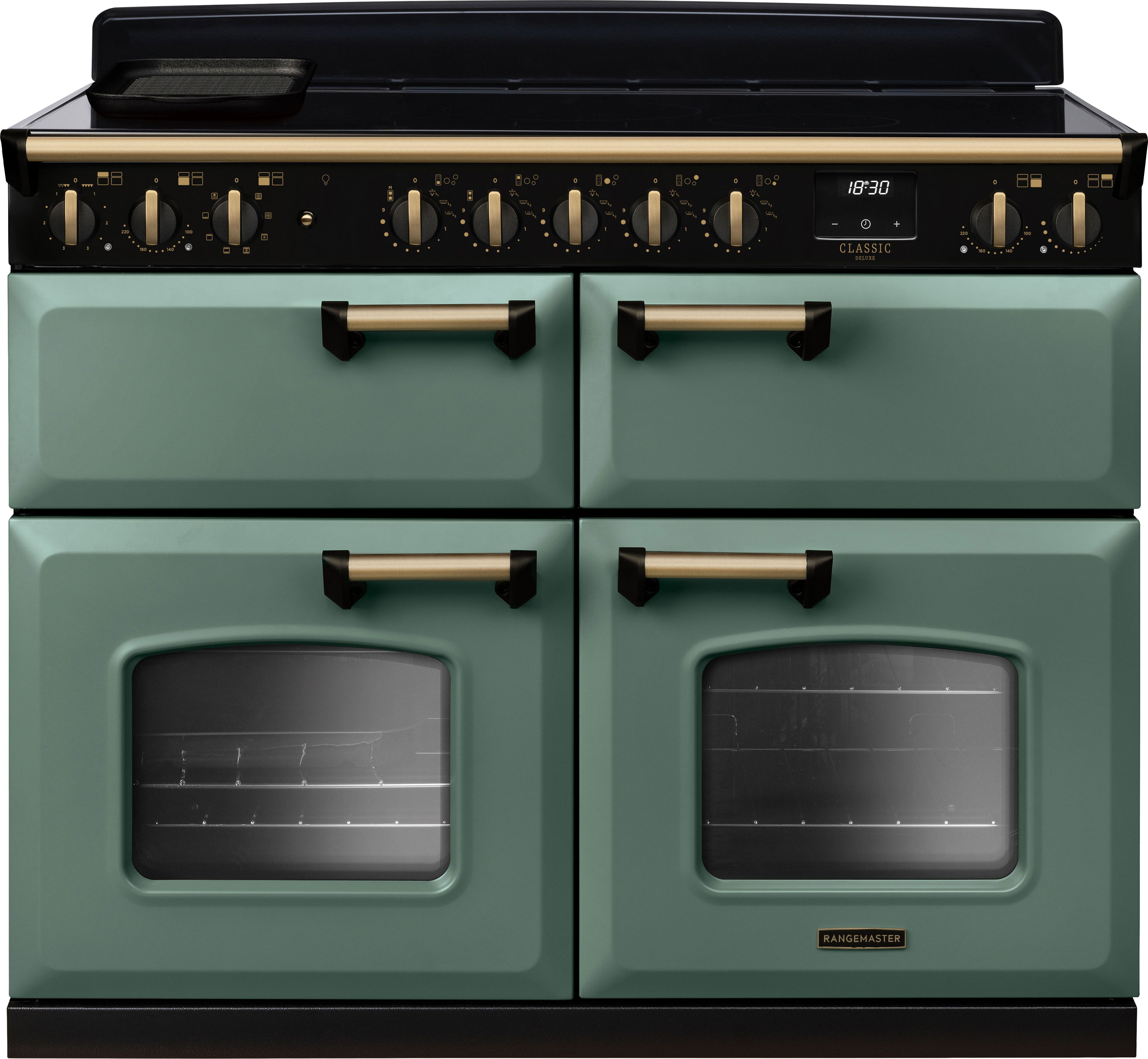 Image of Rangemaster Classic Deluxe BC CLDLB110EIPMGR/AB1 110cm wide Electric Range Cooker with Induction Hob - Mineral Green / Antique Brass - A/A Rated, Green