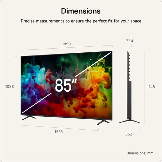 LG 85" 4K Ultra HD MiniLED Smart TV - Annotation - dimesons shot