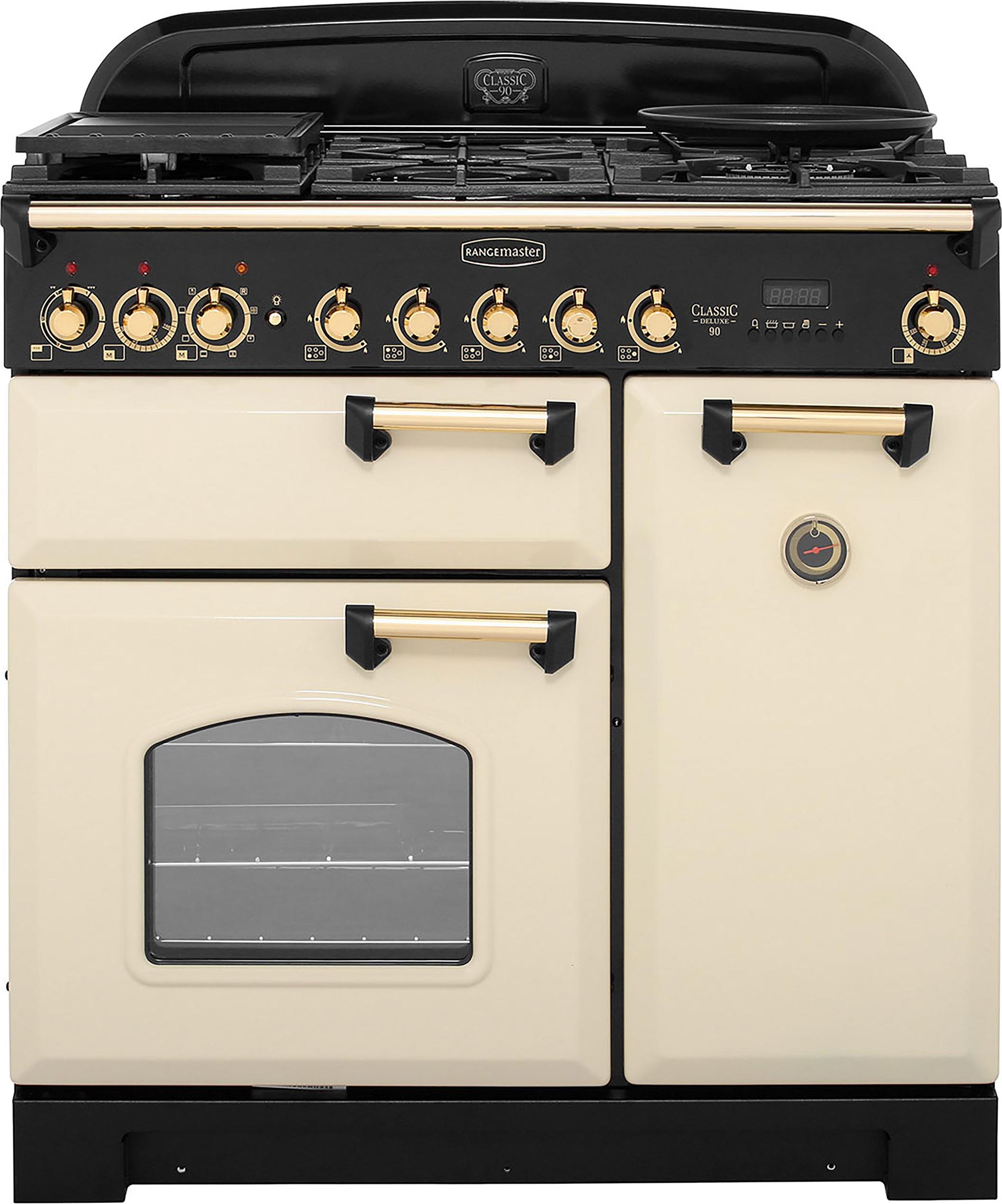 Rangemaster Classic Deluxe CDL90DFFCR/B 90cm Dual Fuel Range Cooker - Cream / Brass - A/A Rated, Cream