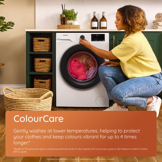 Hotpoint Fabric Care HB103WWCAREUK 10kg WiFi Connected Washing Machine with 1400 rpm - White - annotation - colour care shot