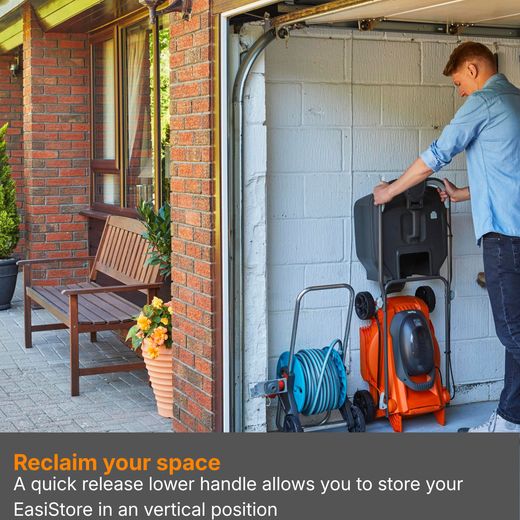 Flymo 36V EasiStore 340R Cordless Lawn Mower - Orange - Annotation - storage shot