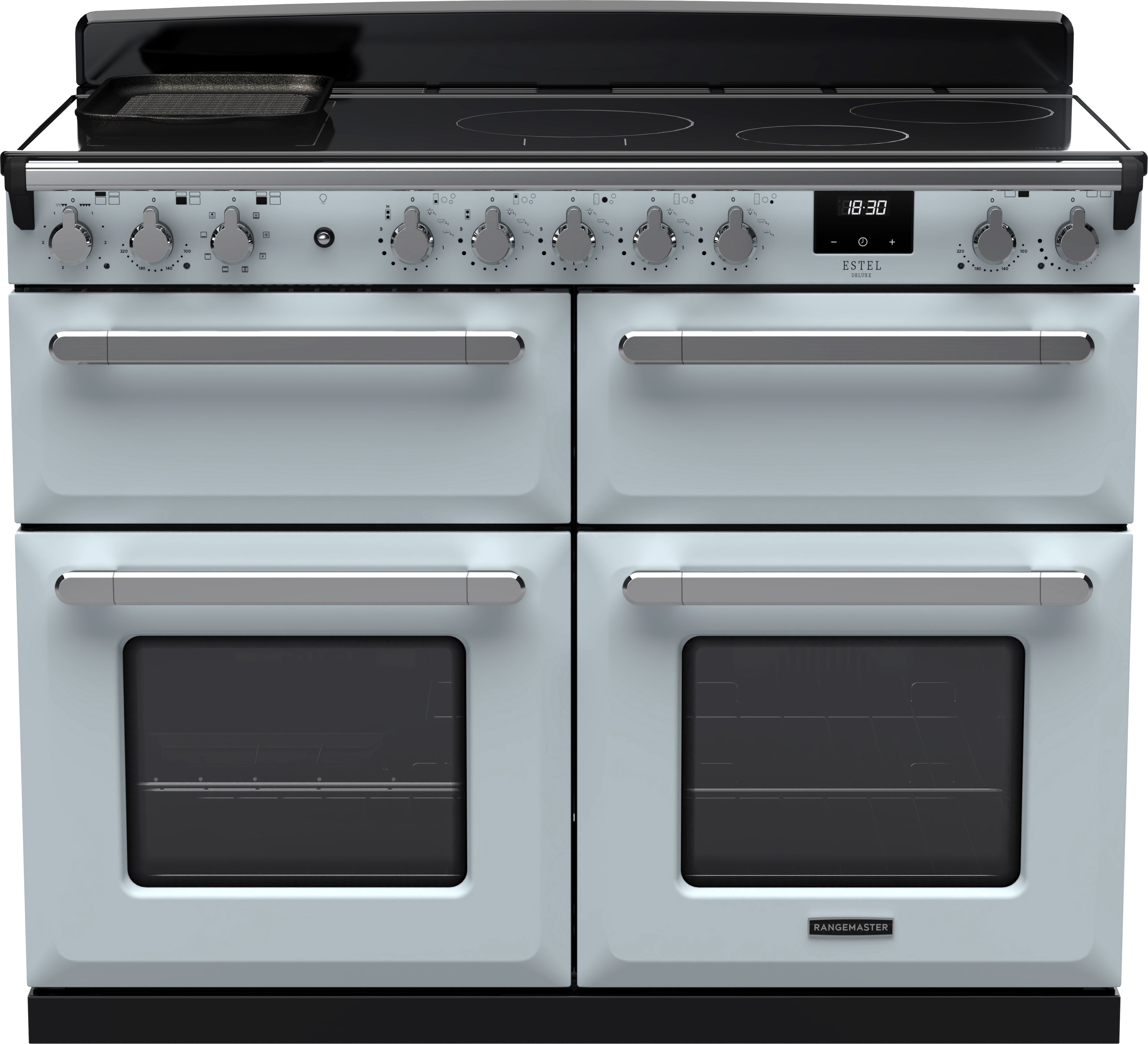 Image of Rangemaster Estel Deluxe ESDLB110EIPMSB/CM1 110cm wide Electric Range Cooker with Induction Hob - Misty Blue / Chrome - A Rated, Blue