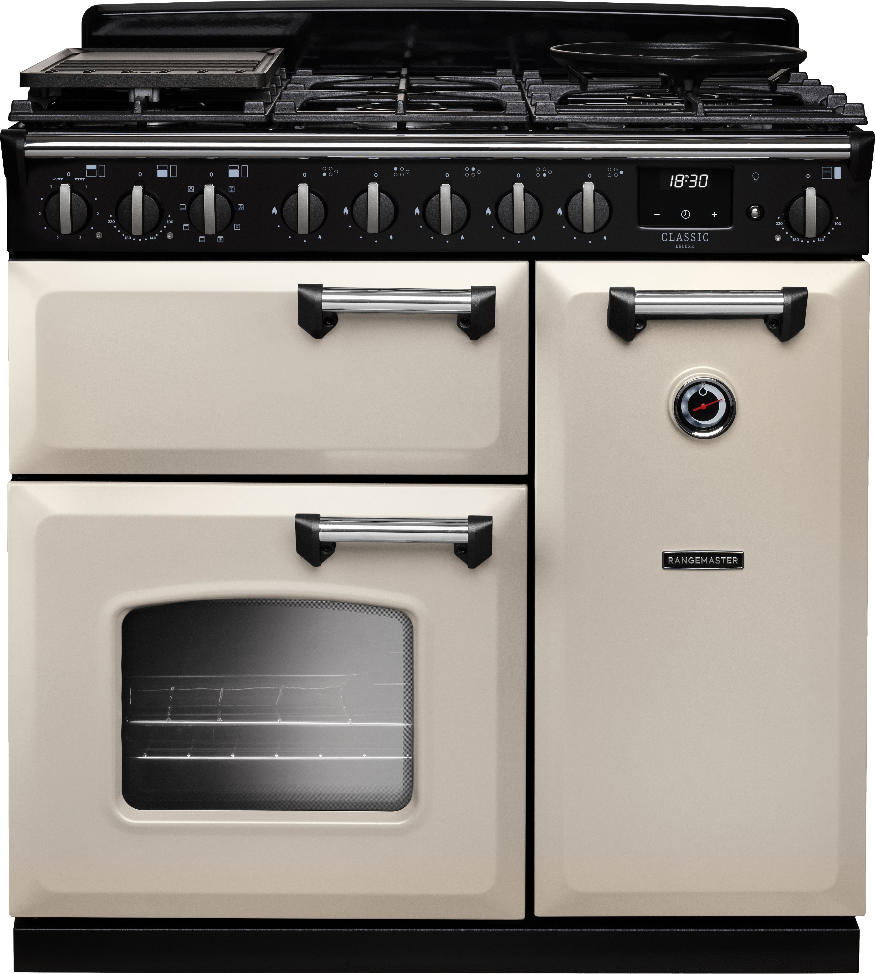 Image of Rangemaster Classic Deluxe CLDL90DFPPCR/CM1 90cm wide Dual Fuel Range Cooker with Gas Hob - Cream / Chrome - A Rated, Cream