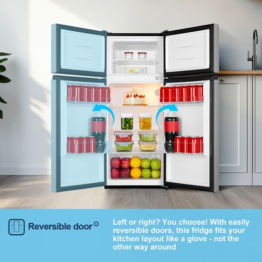Fridgemaster MTM48120ES 117cm 80/20 Small Fridge Freezer - Silver  - Annotation - Reversible door shot