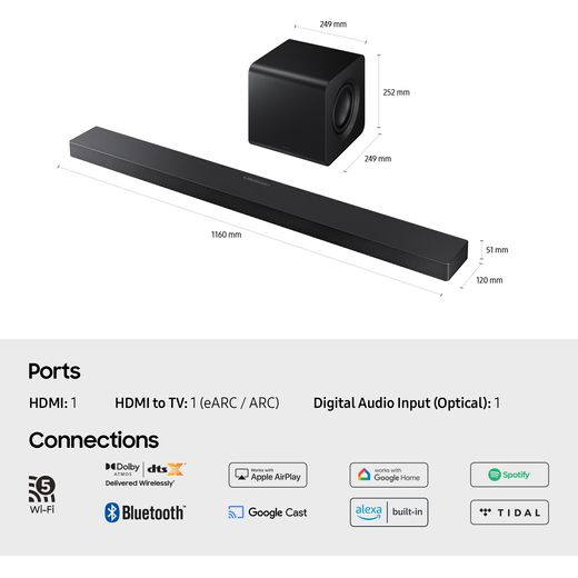 Samsung Q-Series HW-QS700F Bluetooth Soundbar - Obsidian Black - Annotation - Ports and dimensions