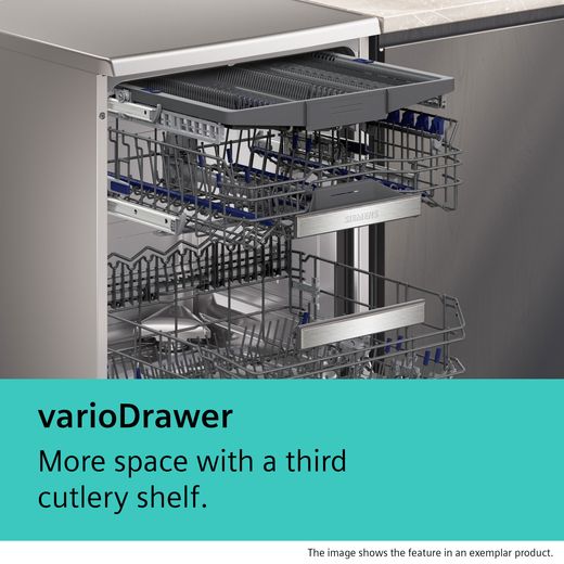 Siemens IQ-700 Standard Dishwasher - Brushed Steel - annotation - vario drawer shot