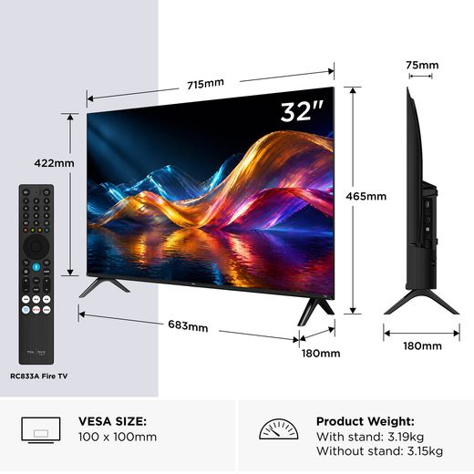 TCL 32" Full HD Smart Fire TV - annotation - dimension shot 