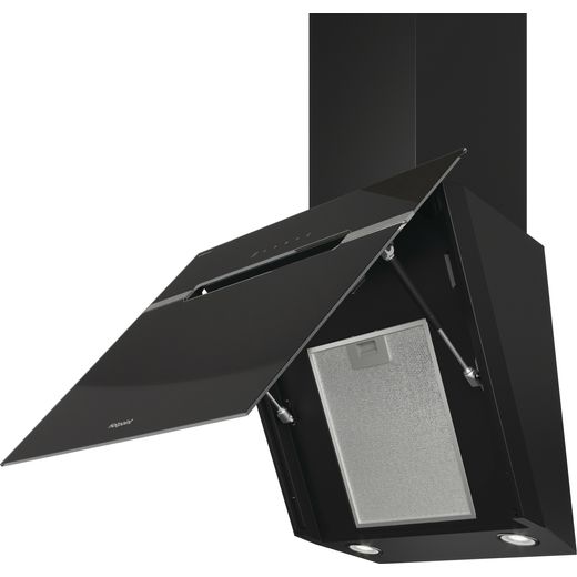 HHotpoint PHVS61FLTDPK Chimney Cooker Hood - Black - Left perspective hood open shot