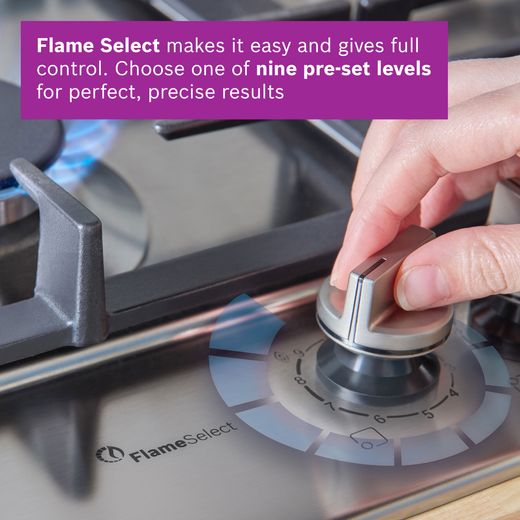 Bosch Series 6 PCP6A5I90 58cm Gas Hob - Stainless Steel - Annotation - Flame select shot