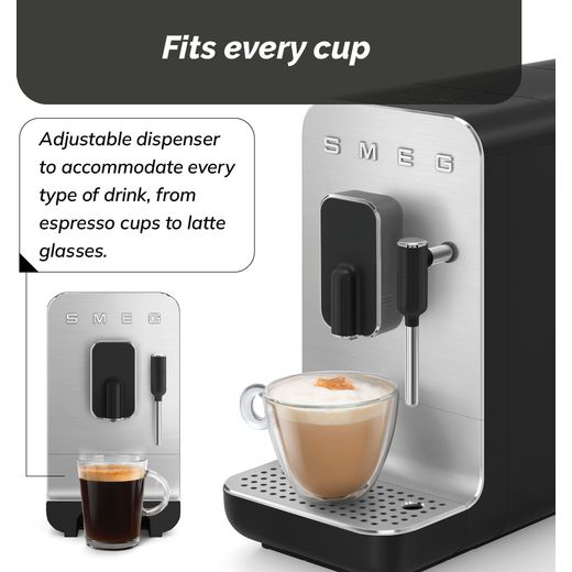 Smeg 50's Style BCC12BLMUK Bean to Cup Coffee Machine - Matt Black - Annotation - fits every cup