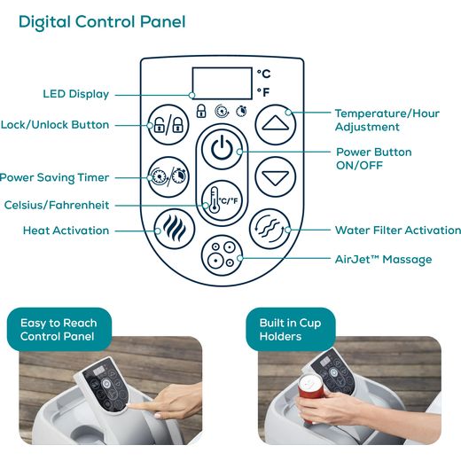 Lay-Z-Spa Miami AirJet™ BW60001GB Hot Water Dispenser - Black - Annotation - digital control panel shot