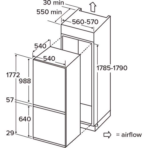 CDA FW673 177cm 70/30 Integrated Frost Free Fridge Freezer with Sliding Door Hinge - White - Annotation - Dimeson shot