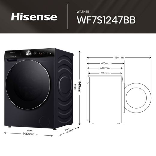 Hisense 7S Series WF7S1247BB 12kg Washing Machine with 1400 rpm - Black - Annotation - Dimension shot