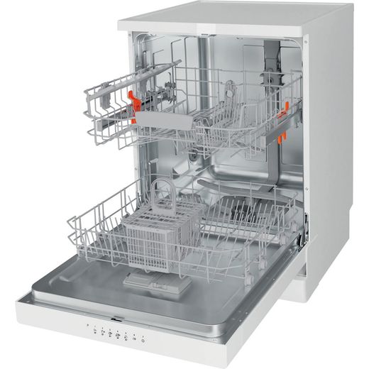 Hotpoint Standard Dishwasher - White - left perpsective with door open shot 