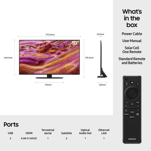 Samsung QN90F 50" 4K Ultra HD MiniLED Neo QLED Smart TV [2025] - Dimensions