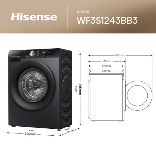 Hisense 3S Series WF3S1243BB3 12kg Washing Machine with 1400 rpm - Black - Annotation - Dimension shot