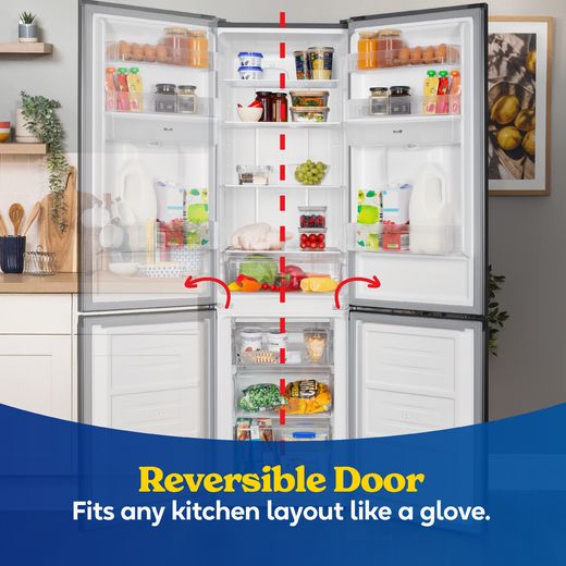 Russell Hobbs RH181TNF552E1SSWD 181cm 60/40 Frost Free Fridge Freezer - Stainless Steel - annotation - reversible door shot
