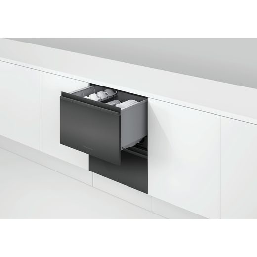 Dishwasher DishDrawer™ Double, 12 Place Settings, Black Steel, Recessed handle, WiFi, compatible with SmartHQ App - Dishwasher in kitchen with top drawer open