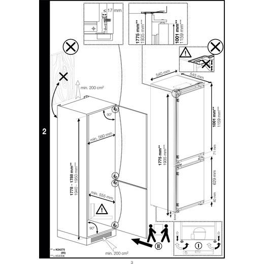 Beko Integrated 70/30 Fridge Freezer with Sliding Door Fixing Kit - White - Annotation - Dimension shot