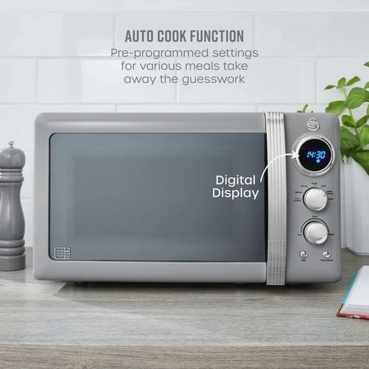 Swan Retro SM22030LGRN 20 Litre 26cm High, Freestanding Small Standard Microwave Oven - Grey - Annotation - Auto cook shot