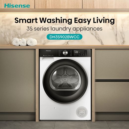 Hisense 3S Series DH3S902BWCC Wifi Connected 9Kg Heat Pump Tumble Dryer - White - Annotation - S3 series