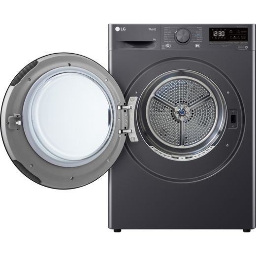 LG FDV709GN Wifi Connected Heat Pump Tumble Dryer - Slate Grey - Front with door open shot