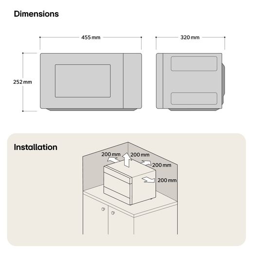 LG MH6042D 20 Litre 25cm High, Freestanding Small Microwave With Grill - Black - Dimension