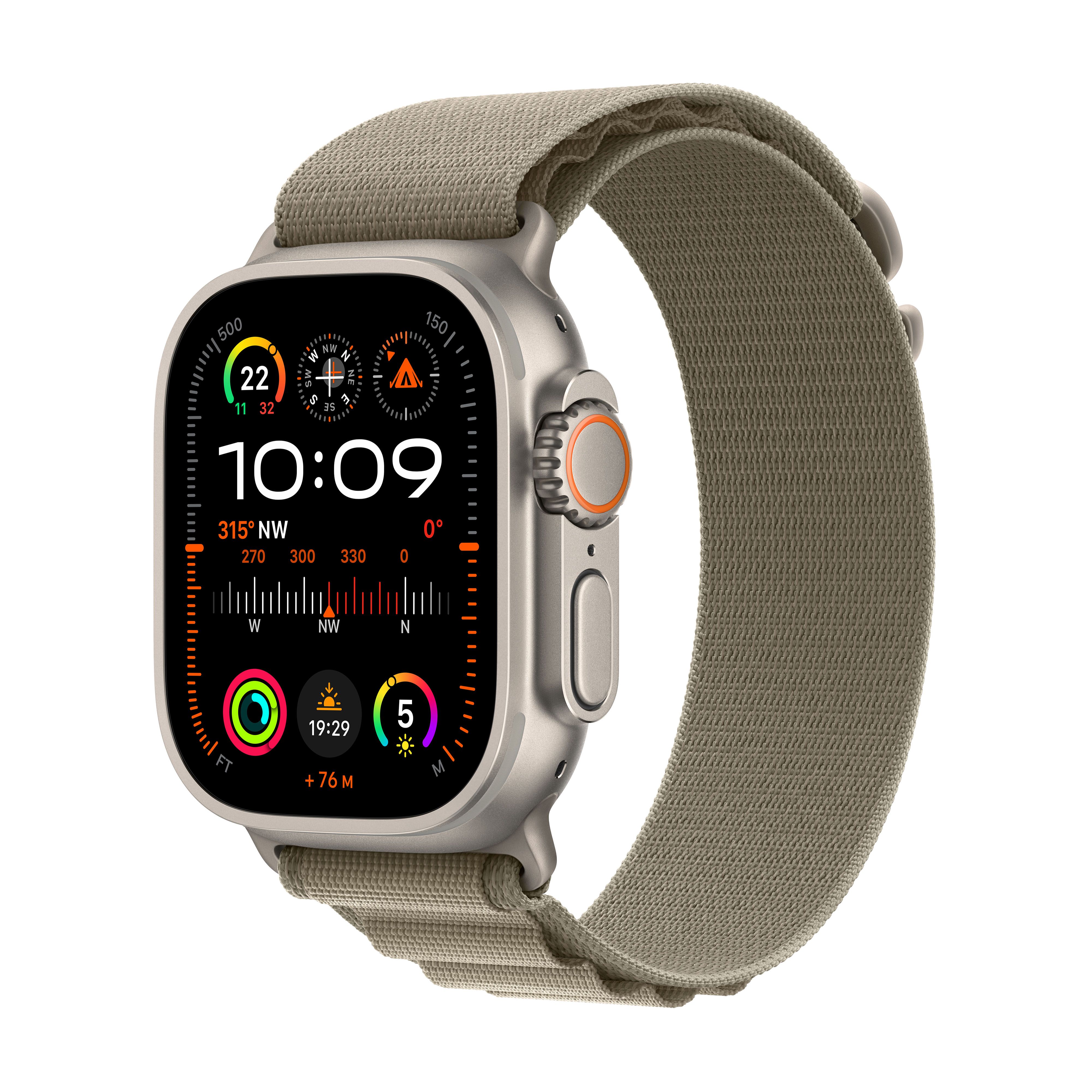 Apple Watch Ultra 2, 49mm, Titanium Case, GPS + Cellular [2023] - Olive Alpine Loop - Small, Green