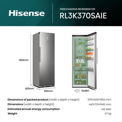 Hisense RL3K370SAIE 186cm Fridge - Silver - annotation - dimension shot 