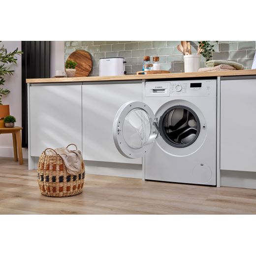 Bosch Series 2 WGE03408GB 8kg Washing Machine with 1400 rpm - White - washing machine with door open in kitchen shot
