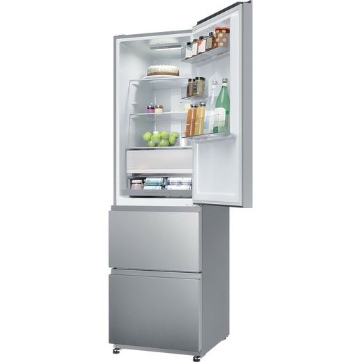 Haier HTR3518ENMXK Fridge Freezer Stainless Steel Effect - Left perpsective with door open shot