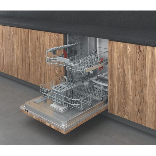 Hotpoint Fully Integrated Standard Dishwasher - Wood - Door open racks out