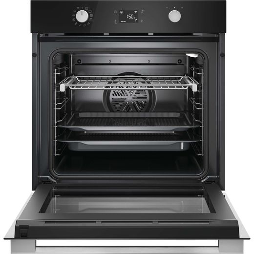 Hoover HO6 H5B3YTX Wifi Connected Built In Electric Single Oven with Pyrolytic Cleaning - Stainless Steel  - Front with door open shot 