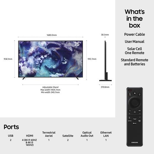 Samsung QN900F 75" 8K Ultra HD MiniLED Neo QLED Smart TV [2025] - Dimensions