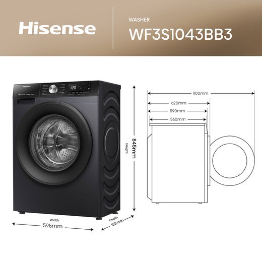 Hisense 3S Series WF3S1043BB3 10.5kg Washing Machine with 1400 rpm - Black - Annotation - Dimension shot