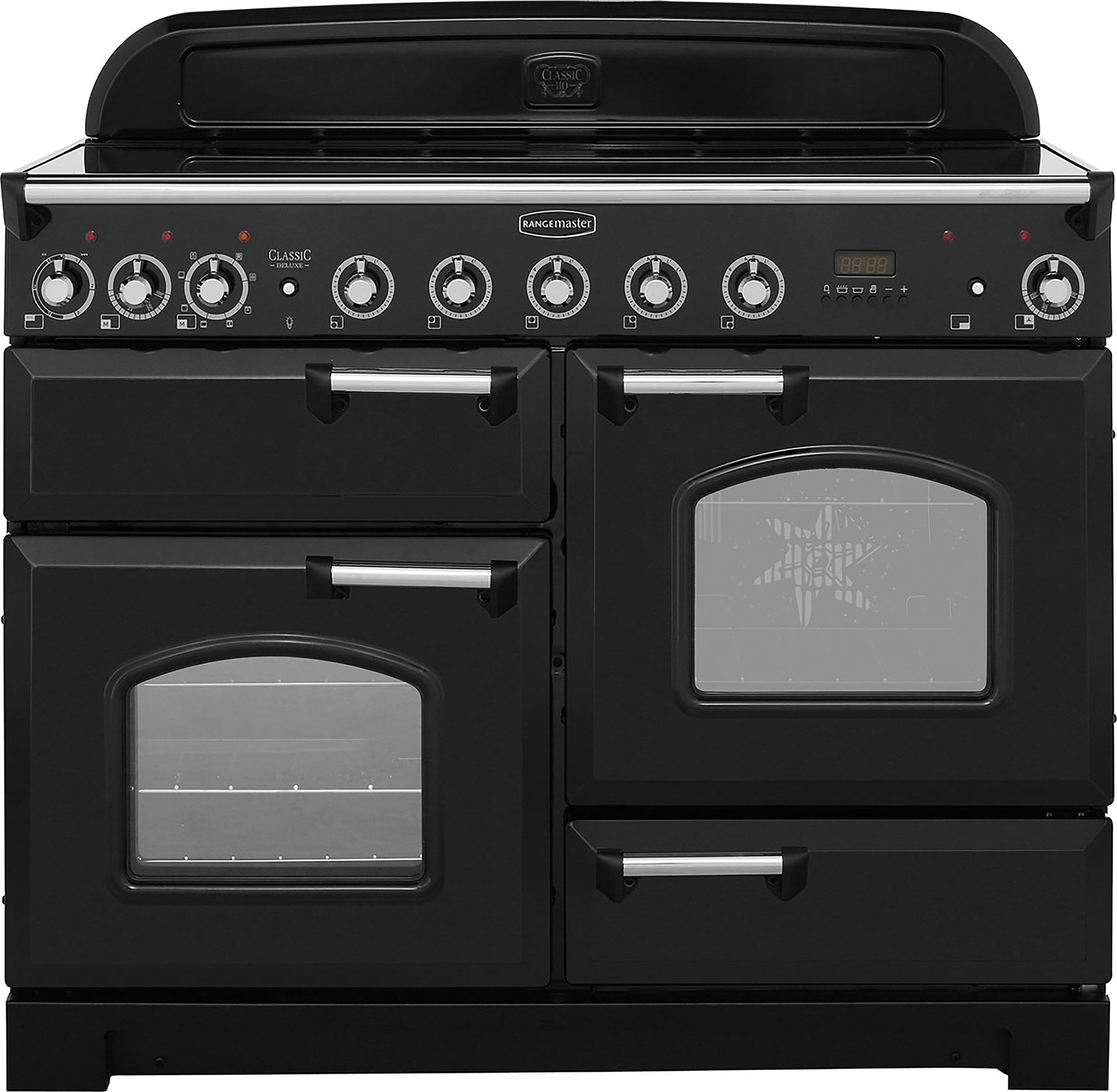 Rangemaster Classic Deluxe CDL110EIBL/C 110cm Electric Range Cooker with Induction Hob - Black / Chrome - A/A Rated, Black