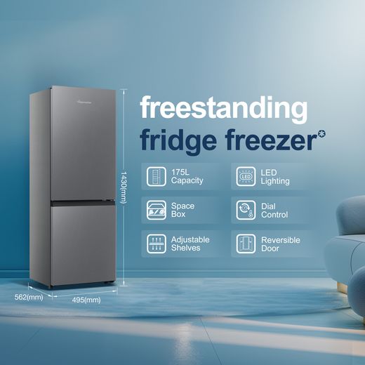 Fridgemaster MC50165ES 143cm 60/40 Small Fridge Freezer - Silver - Annotation - feature shot