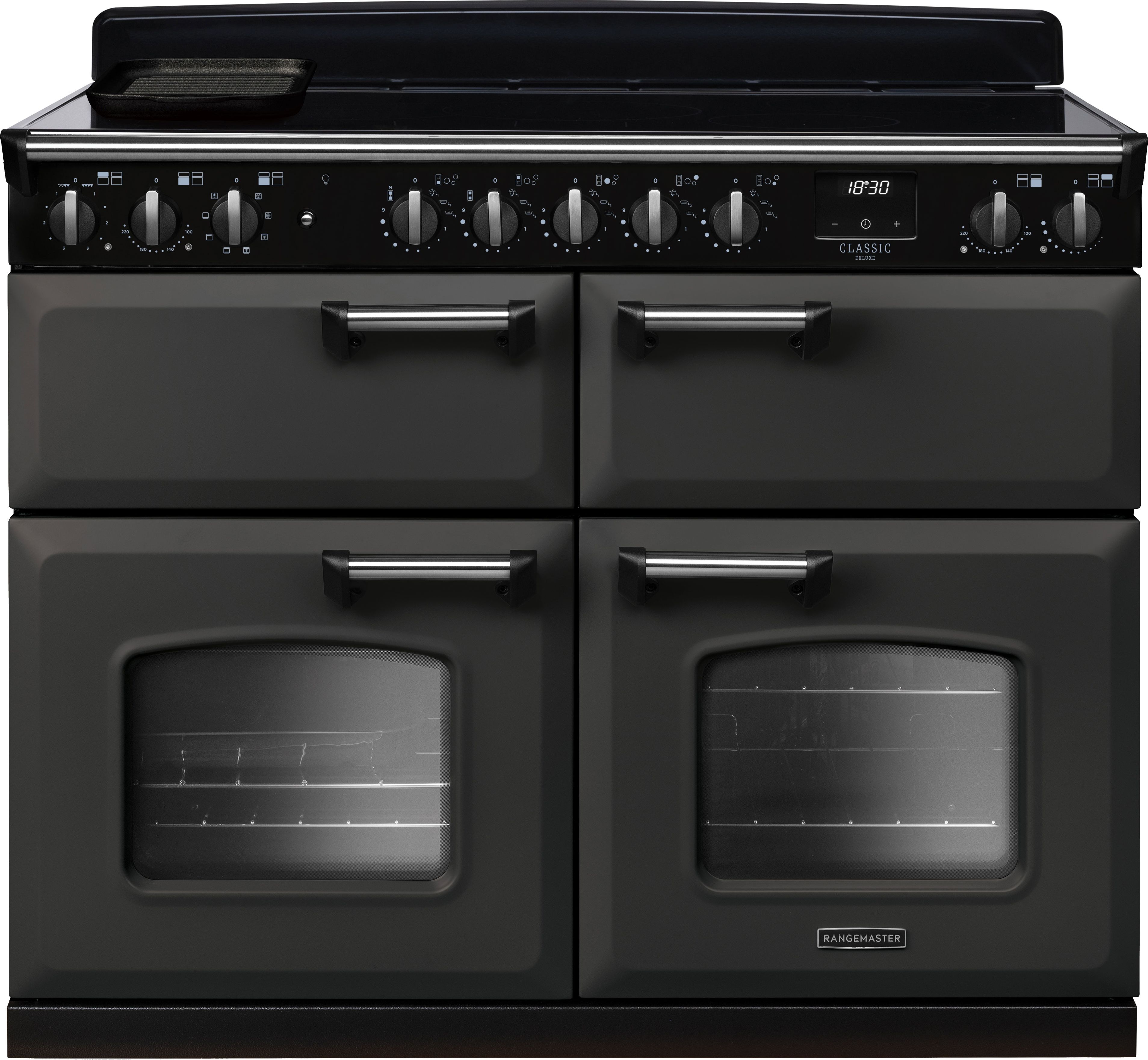 Image of Rangemaster Classic Deluxe BC CLDLB110EIPSLT/CM1 110cm wide Electric Range Cooker with Induction Hob - Slate / Chrome - A/A Rated, Grey