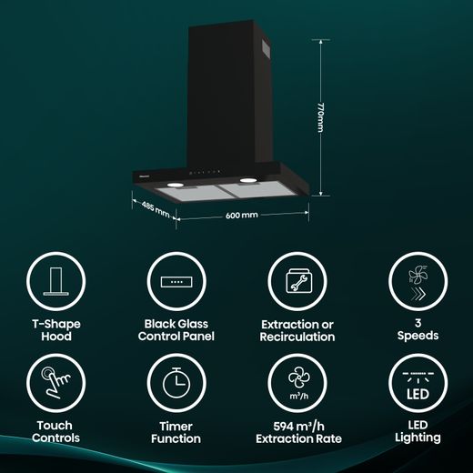 Hisense CH6T14BBUK 60cm Chimney Cooker Hood - Black - Annotation - Features