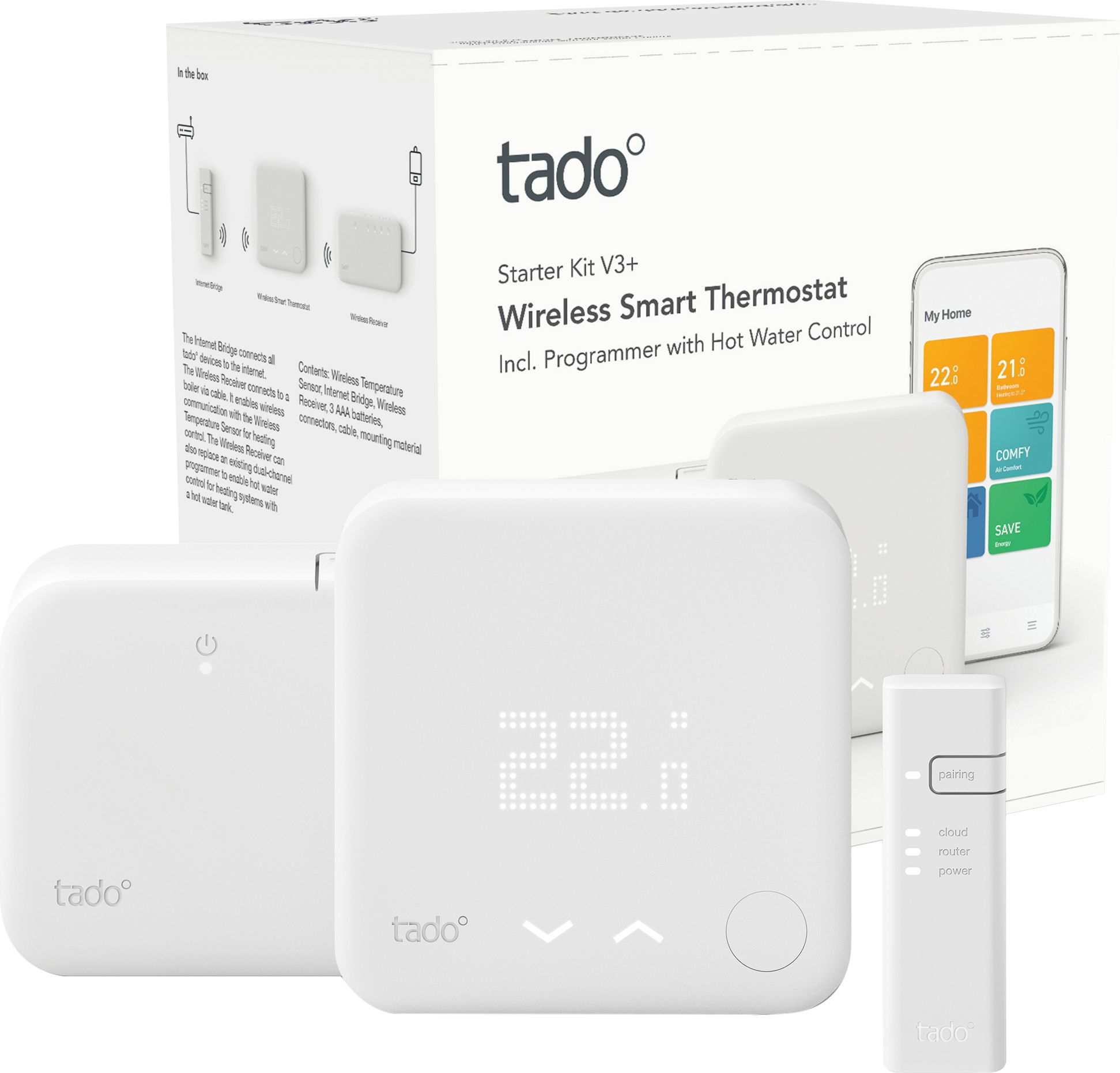 tado Starter Kit V3+ Wireless Smart Thermostat - DIY Install - White, White