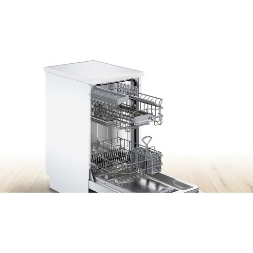 Siemens Slimline Dishwasher - White - Dishwasher in room with door open shot