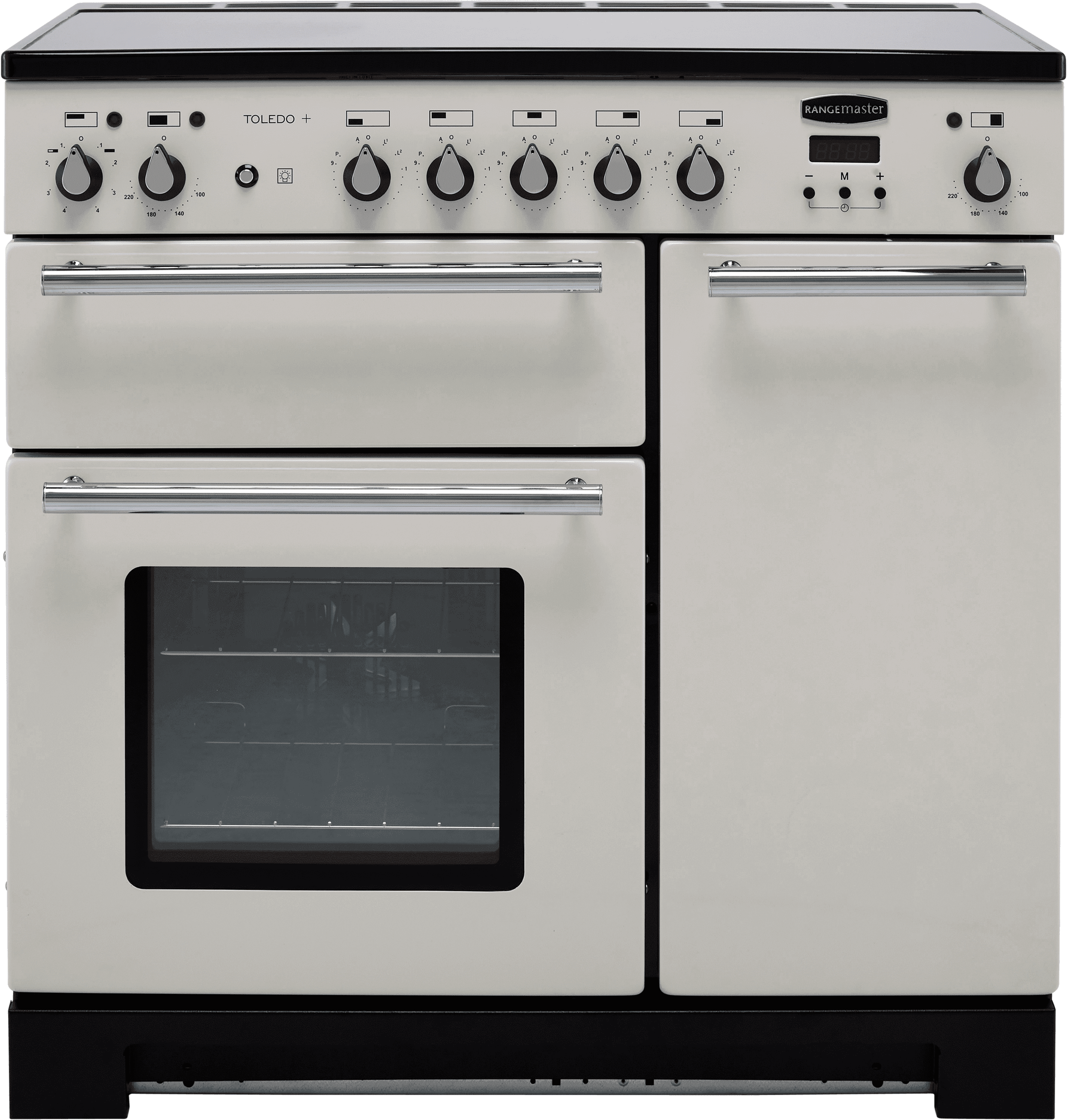 Rangemaster Toledo + TOLP90EIIV/C 90cm Electric Range Cooker with Induction Hob - Ivory / Chrome - A/A Rated, Cream