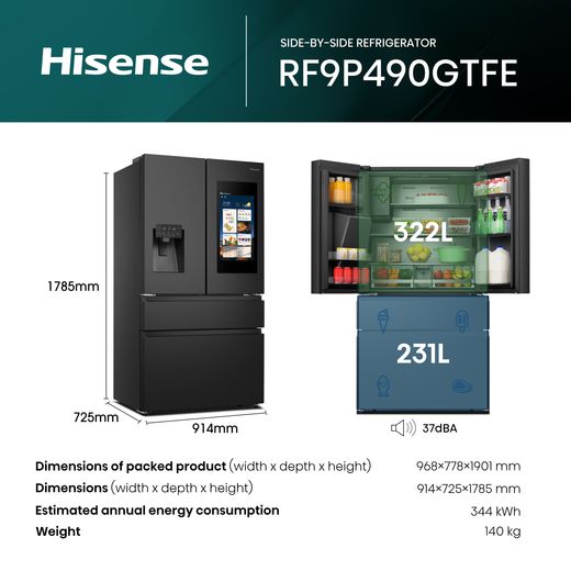 Hisense PureFlat Eclipse American Fridge Freezer - Black - Dimensions