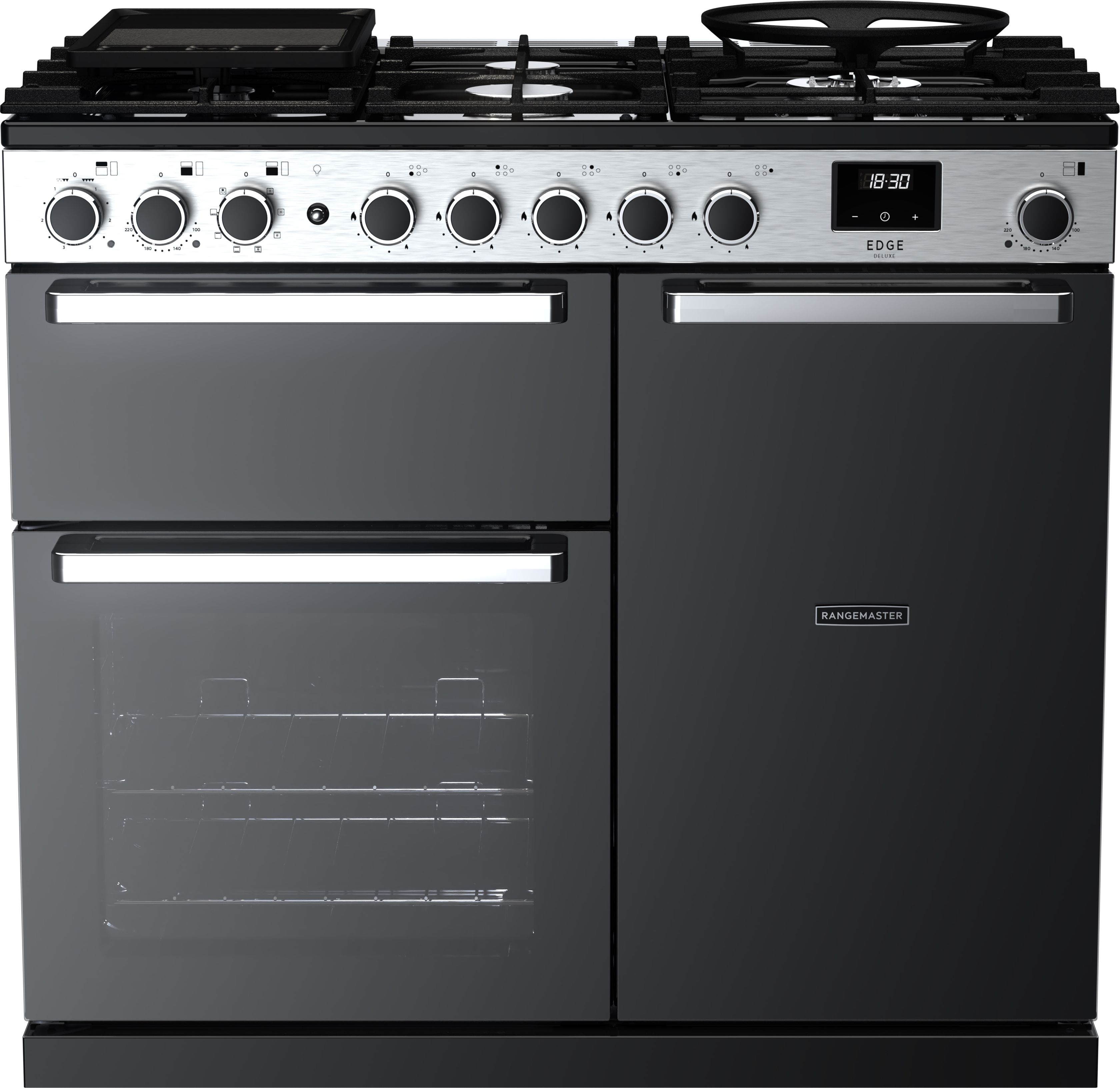 Image of Rangemaster Edge Deluxe EDDL100DFGBLK/CM1 100cm wide Dual Fuel Range Cooker with Gas Hob - Black Glass / Chrome - A/A Rated, Black