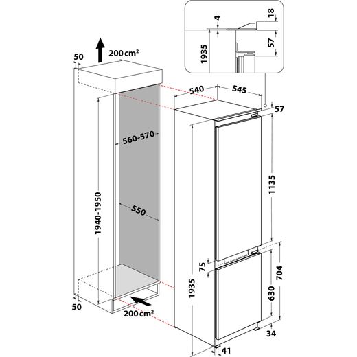 Hotpoint Integrated 70/30 Total No Frost Fridge Freezer - White - Annotation - Dimensions shot