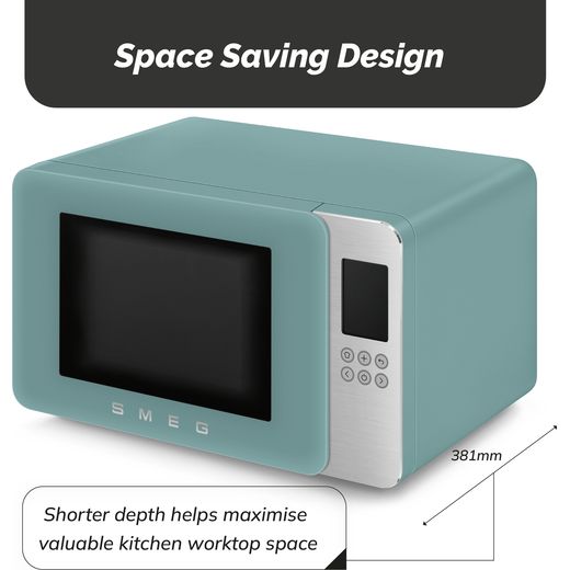 Smeg Collezione MOC01EGMUK 26 Litre 30cm High, Freestanding Small Microwave With Grill - Emerald Green - Annotation - space saving design shot
